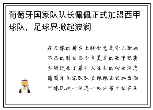 葡萄牙国家队队长佩佩正式加盟西甲球队，足球界掀起波澜